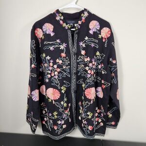 Boston Proper Large Black Wool Jacket Floral Embroidered Artsy Lagenlook Sz L